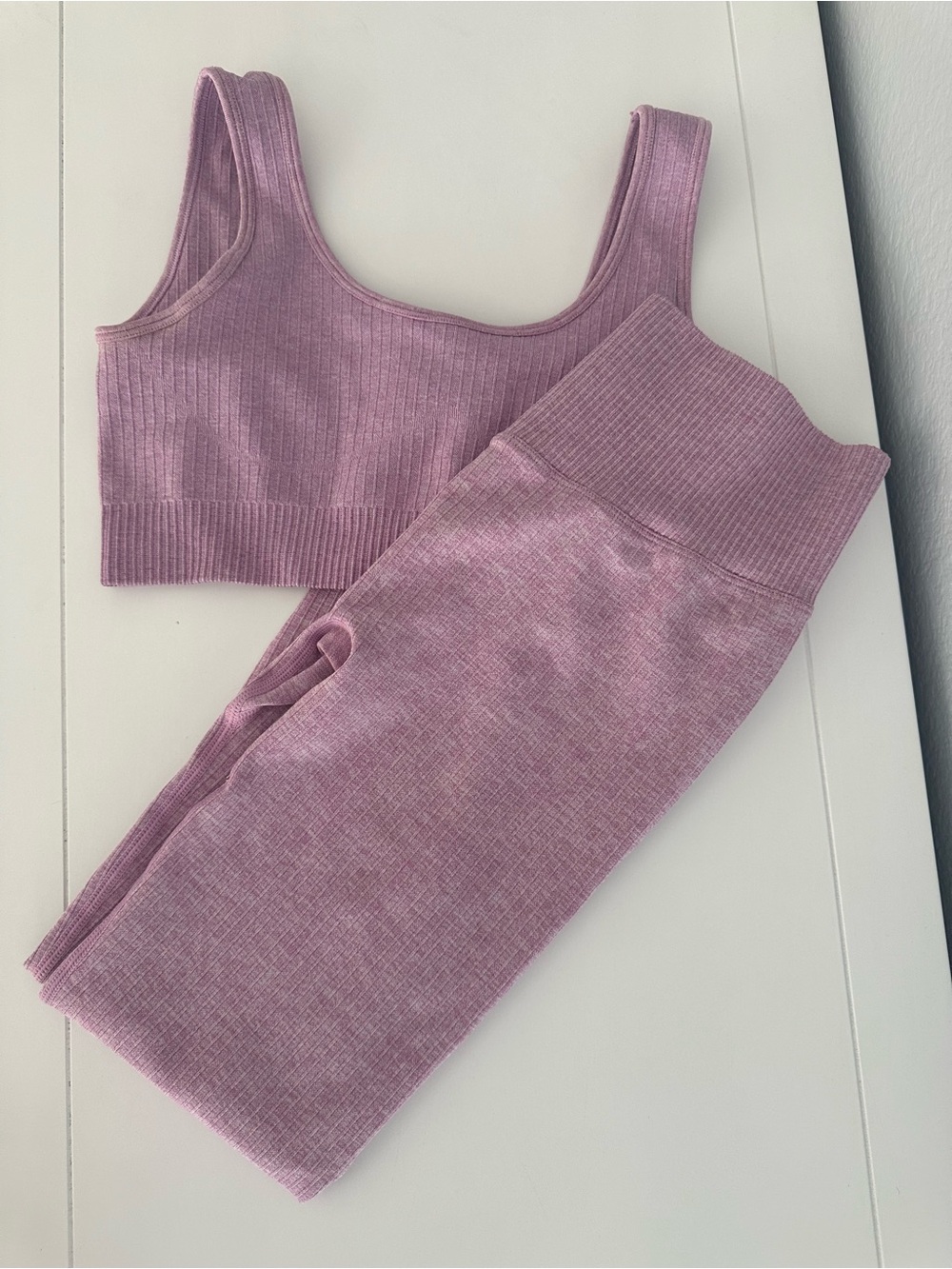 Ribbed High-Waist Leggings and Crop Bralette Set - Mauve Pink